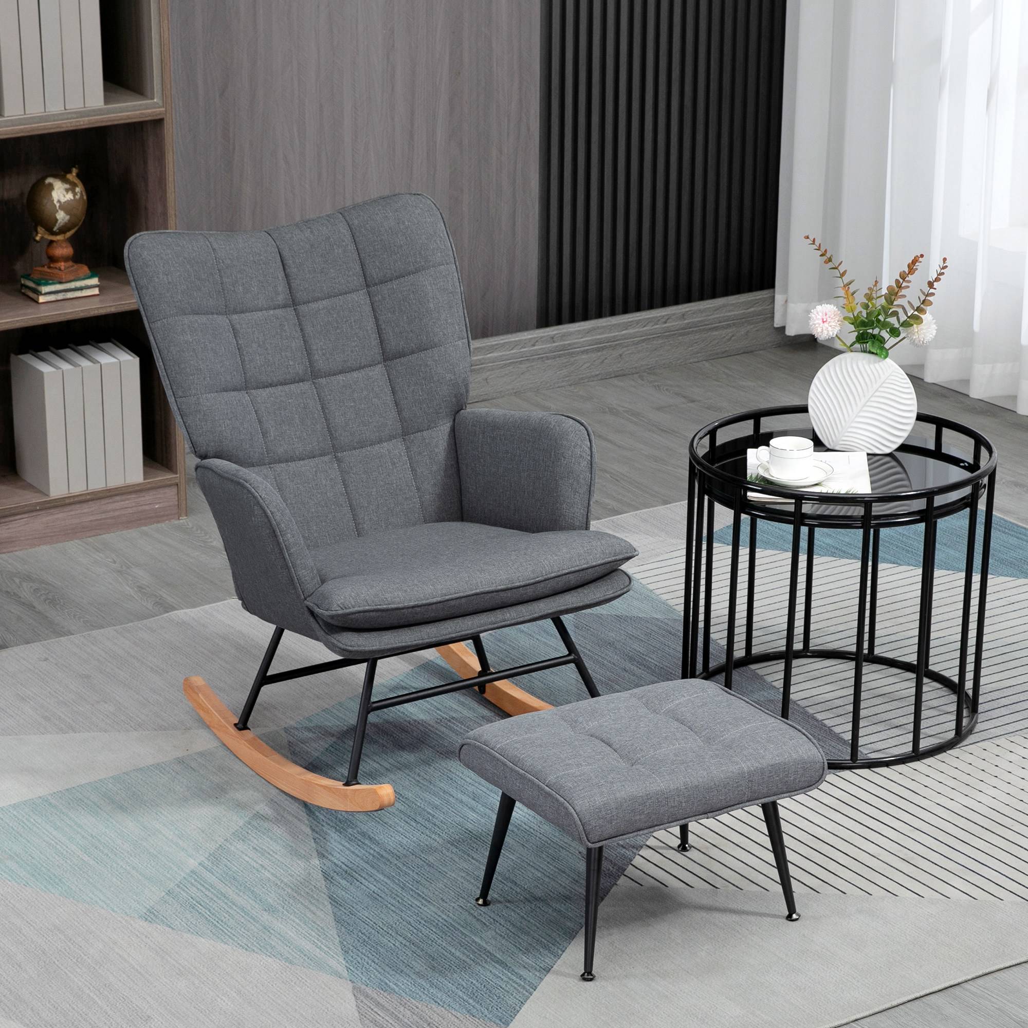 Sans Marque - Fauteuil à bascule avec repose-pieds, rocking chair, assise large, dossier haut, coussin inclus, 64 x 89 x 90 cm, gris - Image 4