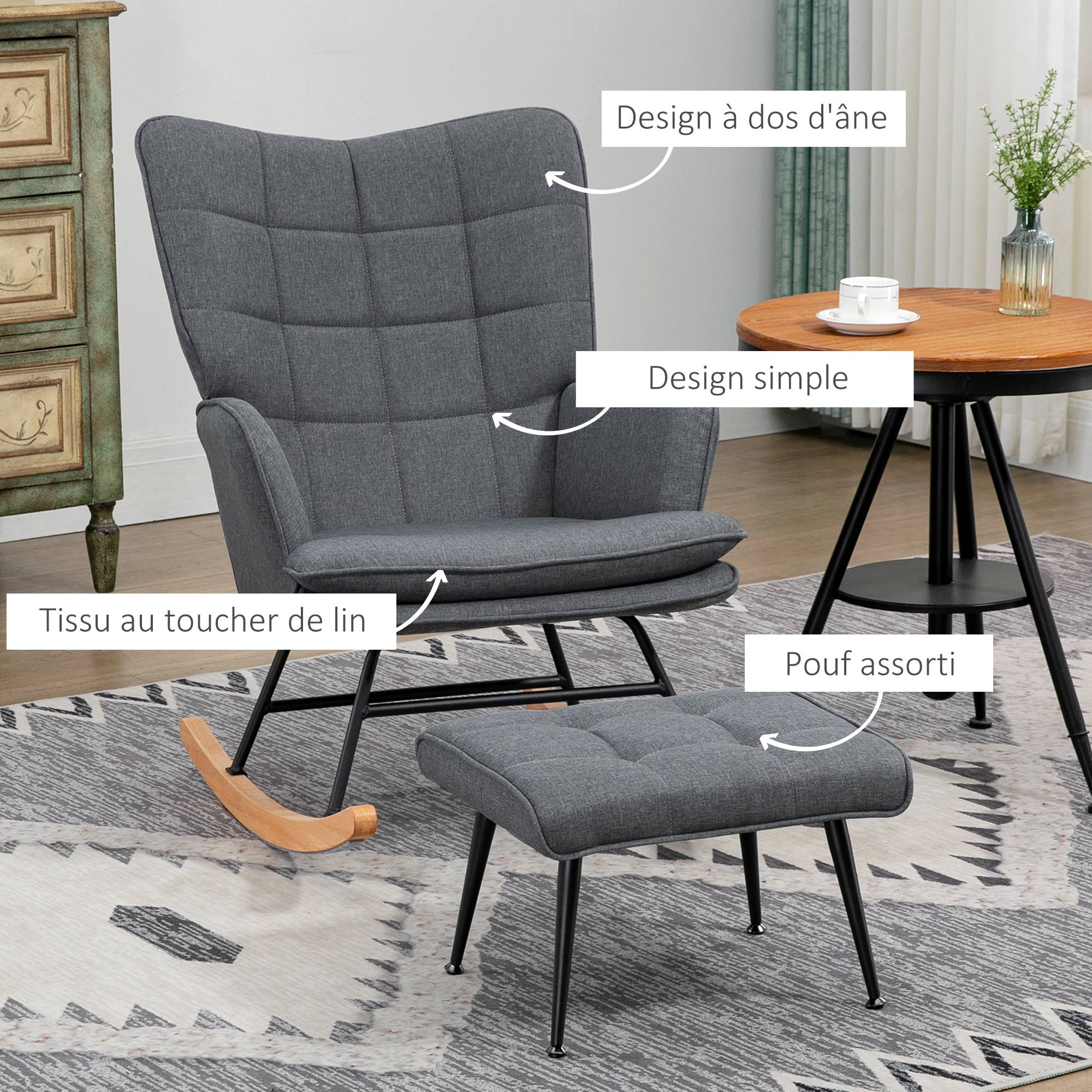 Sans Marque - Fauteuil à bascule avec repose-pieds, rocking chair, assise large, dossier haut, coussin inclus, 64 x 89 x 90 cm, gris - Image 7
