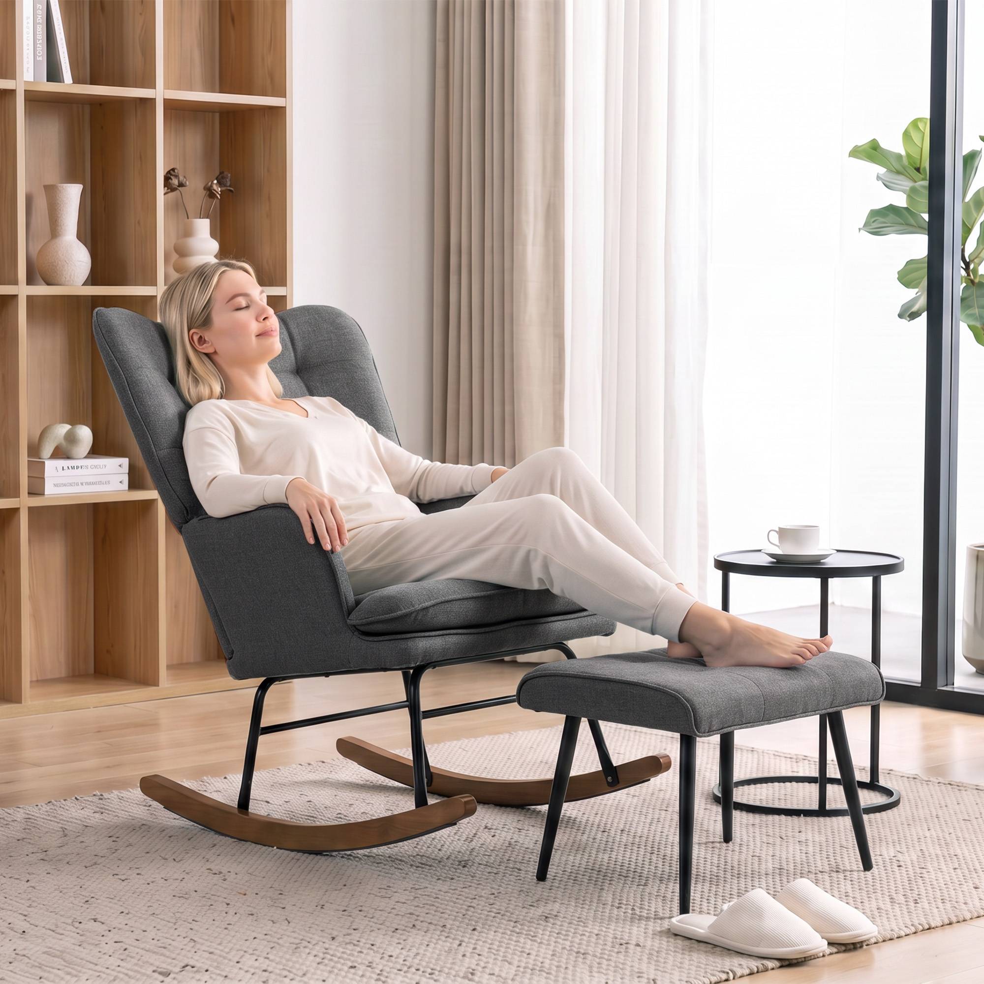 Sans Marque - Fauteuil à bascule avec repose-pieds, rocking chair, assise large, dossier haut, coussin inclus, 64 x 89 x 90 cm, gris - Image 10