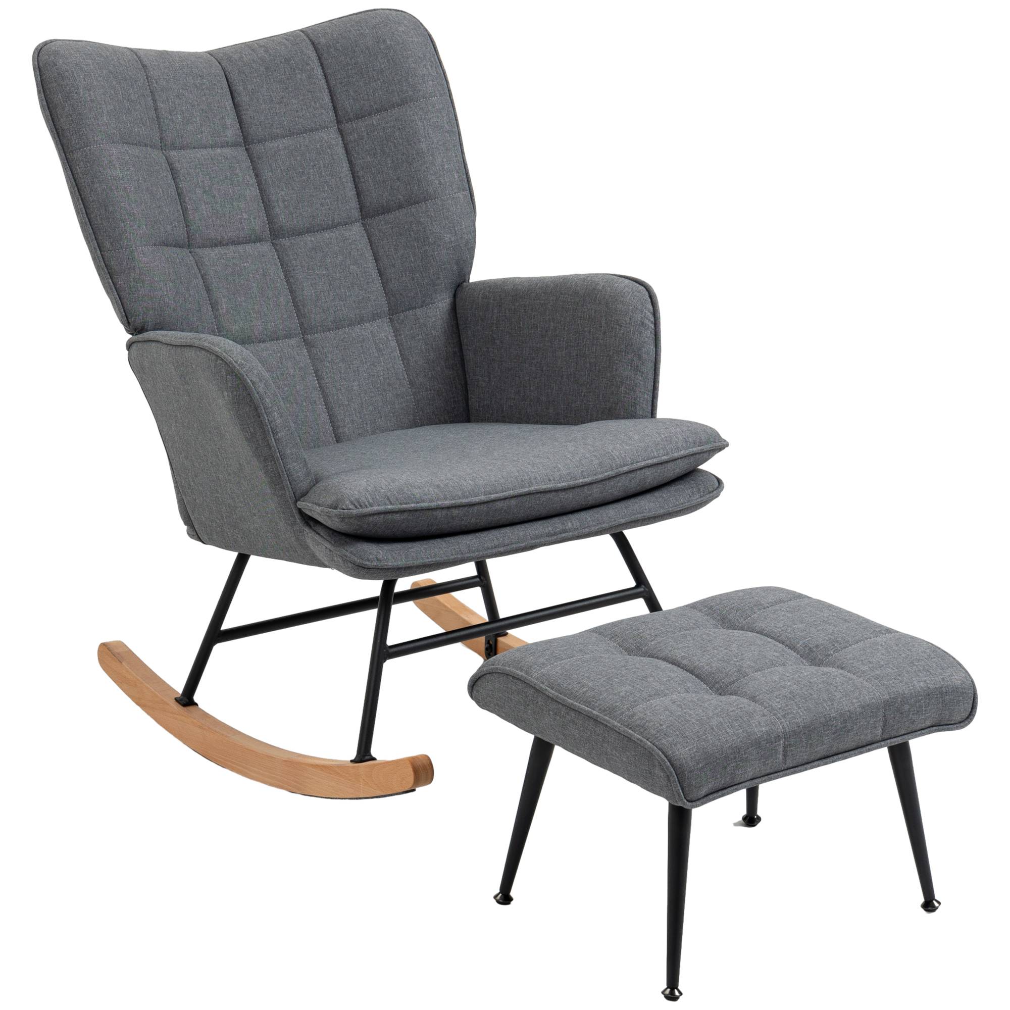 Sans Marque - Fauteuil à bascule avec repose-pieds, rocking chair, assise large, dossier haut, coussin inclus, 64 x 89 x 90 cm, gris - Image 1