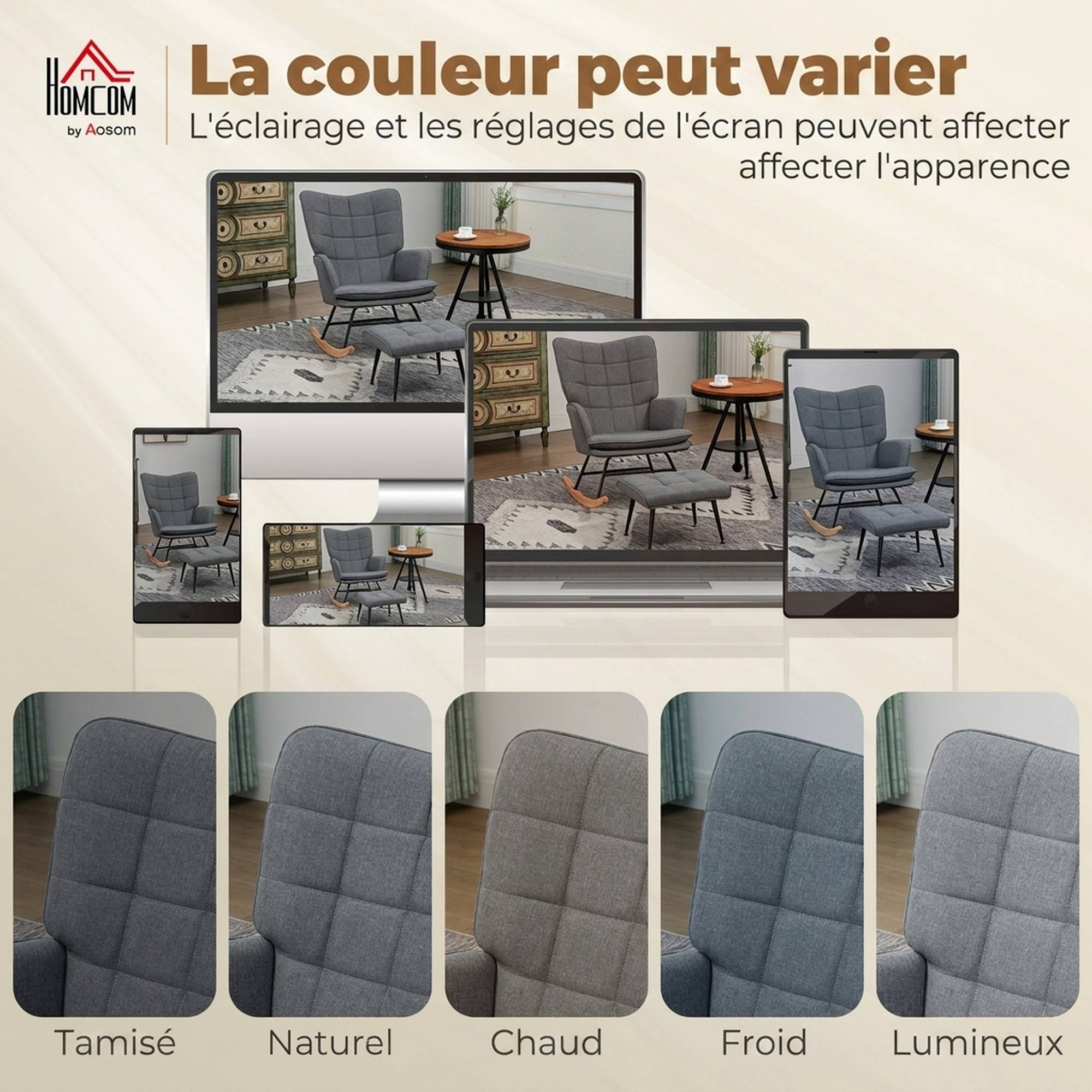 Sans Marque - Fauteuil à bascule avec repose-pieds, rocking chair, assise large, dossier haut, coussin inclus, 64 x 89 x 90 cm, gris - Image 9
