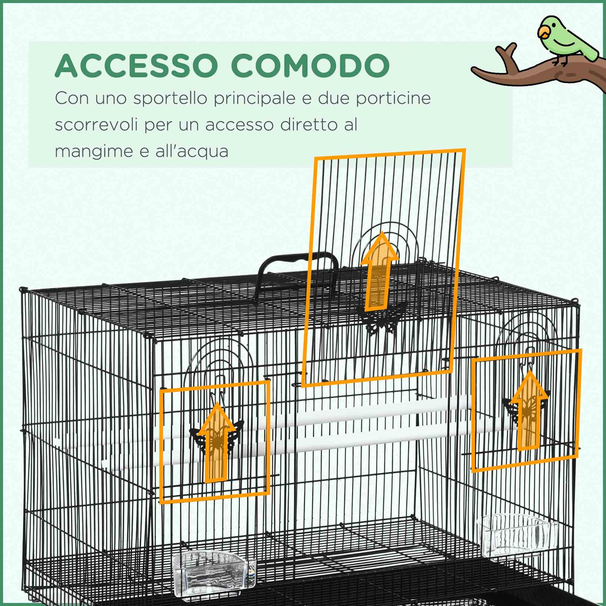 Cage pour oiseaux avec 2 perchoirs et 3 entrées en fil métallique et plastique, 60x41x41 cm, noir - Image 6