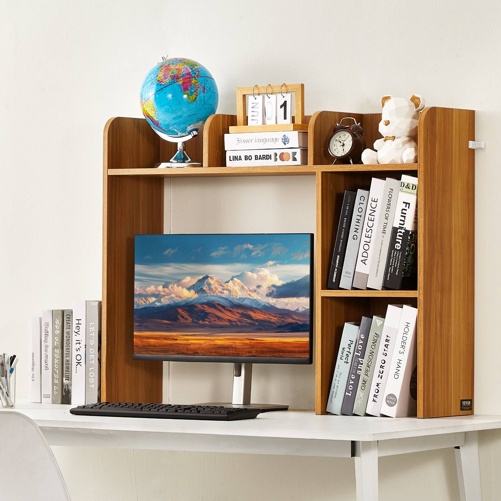 VEVOR Étagère poser bureau 2 niveaux, 94.5x24.1x73.4cm, bois, antidérapant, couleur bois. - Image 8