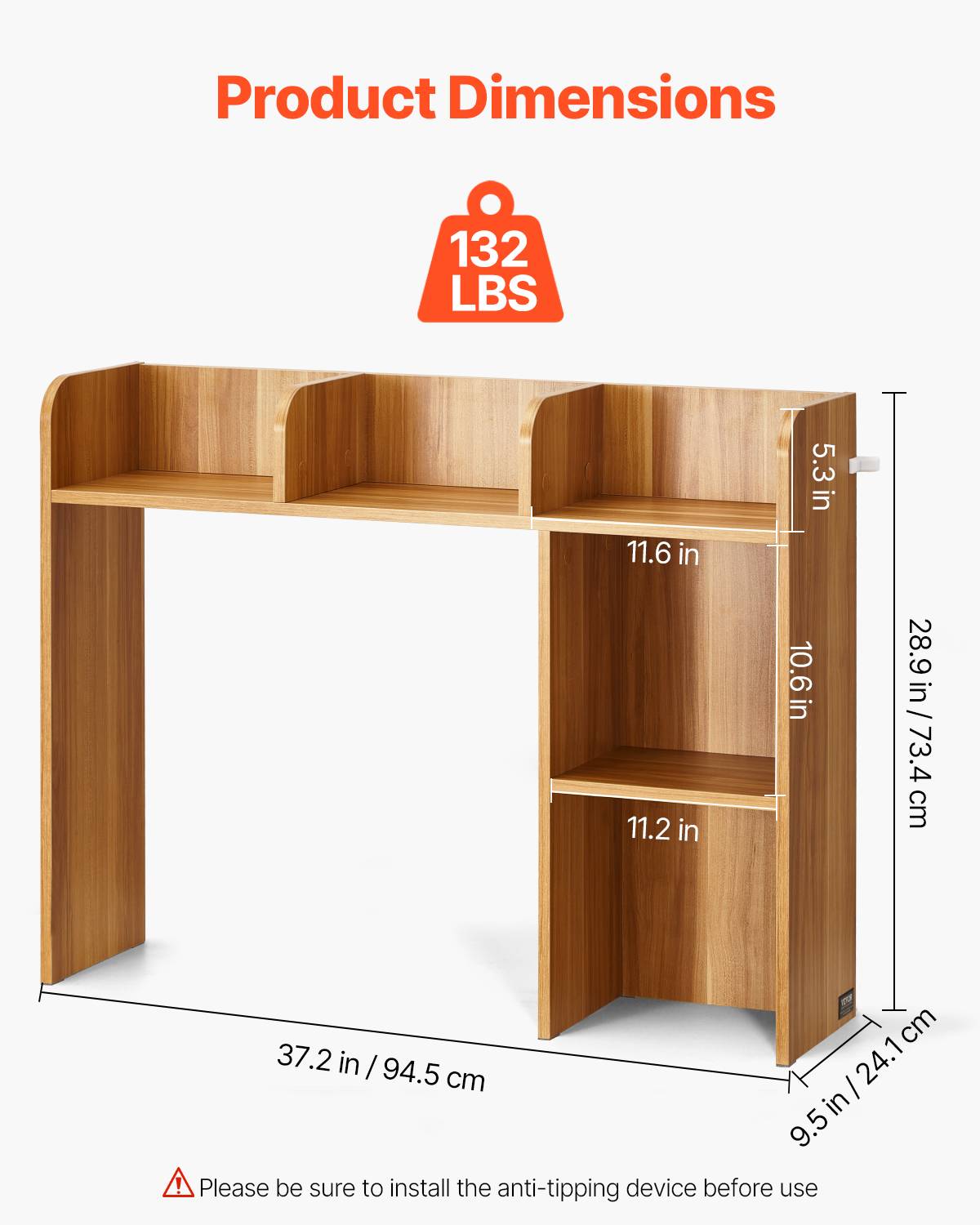VEVOR Étagère poser bureau 2 niveaux, 94.5x24.1x73.4cm, bois, antidérapant, couleur bois. - Image 3