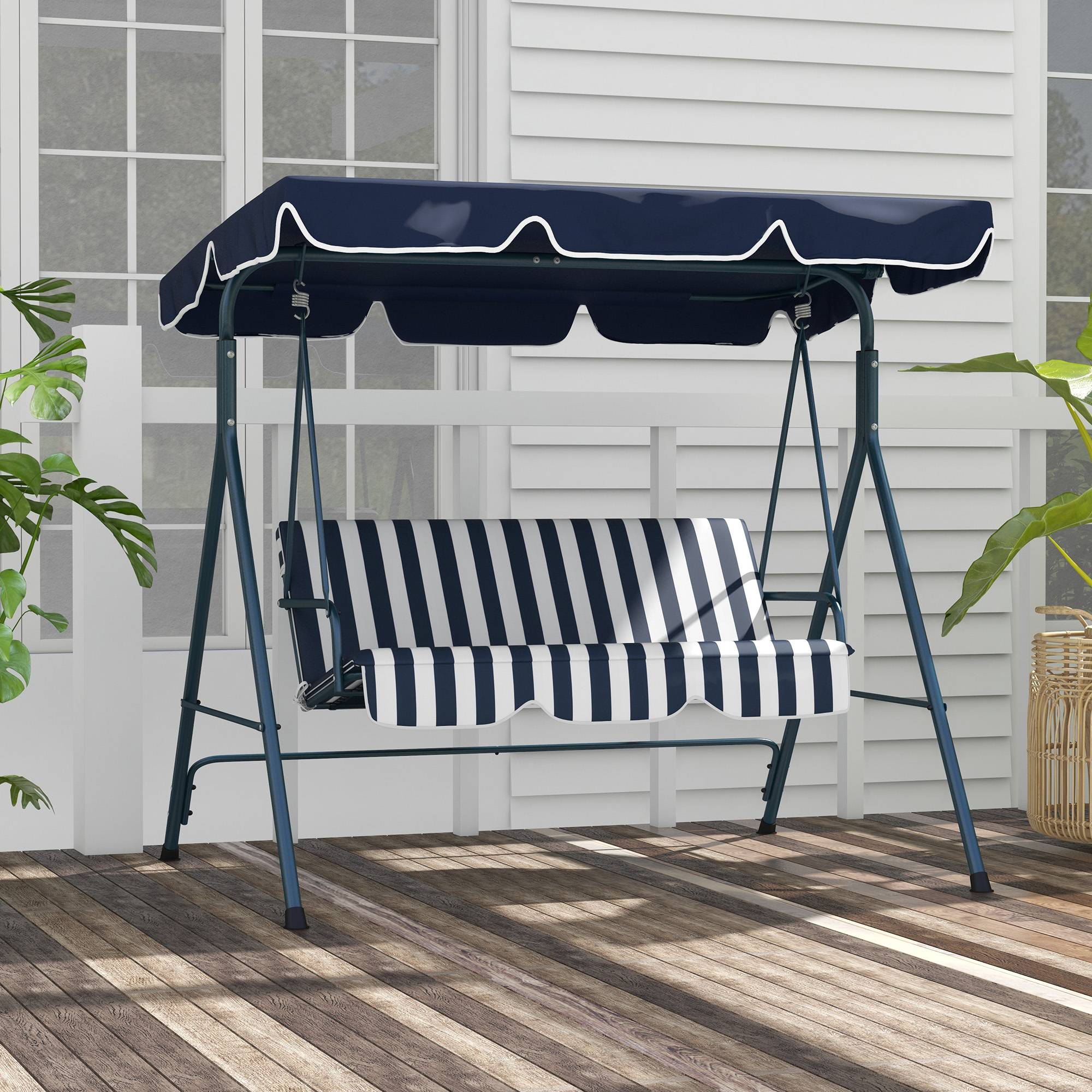 Outsunny - Balancelle de jardin 3 places toit réglable acier polyester bleu blanc rayé - Image 4