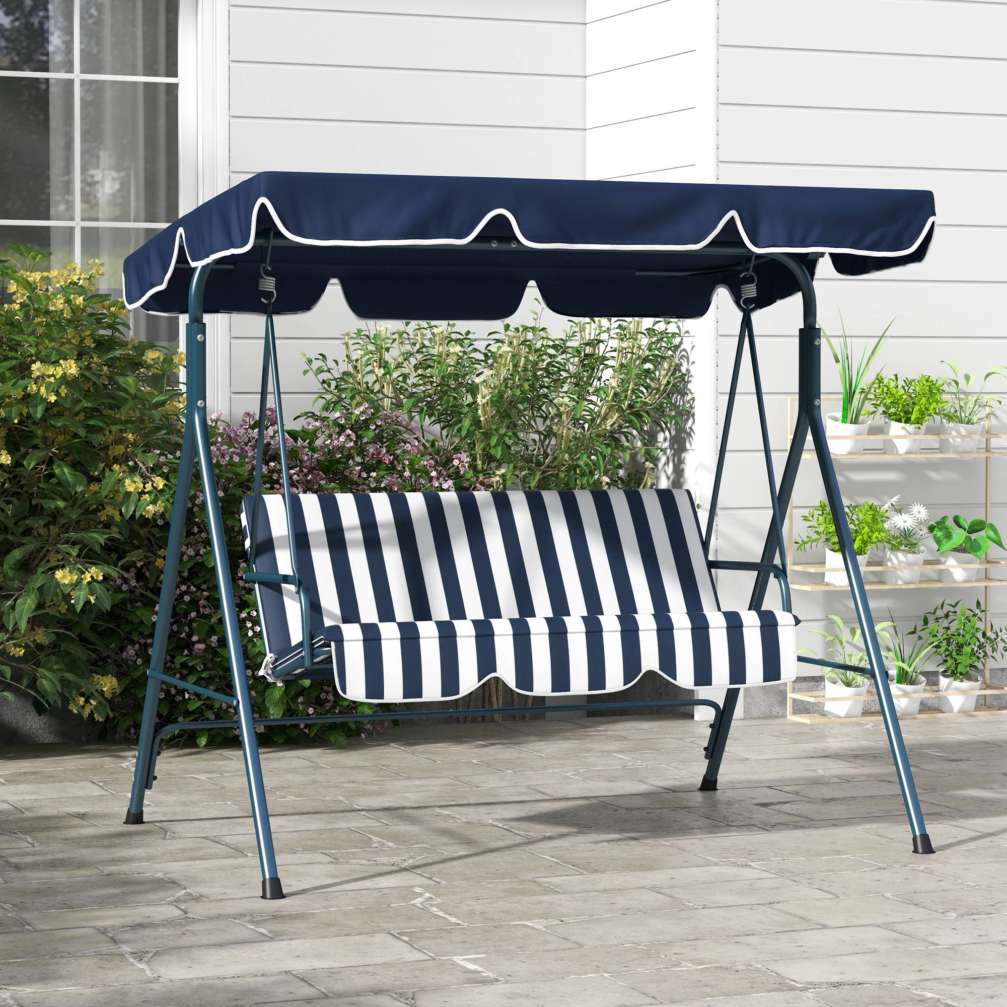 Outsunny - Balancelle de jardin 3 places toit réglable acier polyester bleu blanc rayé - Image 2