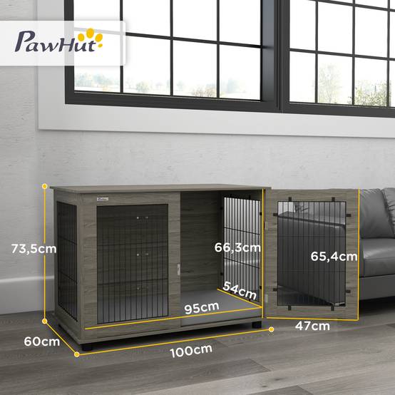 Cage intérieur acier bois grand chien table appoint coussin déhoussable 100x60x73cm gris - ComfortXL Outdoor Living - Image 5