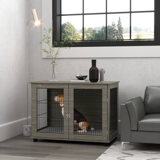 Cage intérieur acier bois grand chien table appoint coussin déhoussable 100x60x73cm gris - ComfortXL Outdoor Living - Image 4