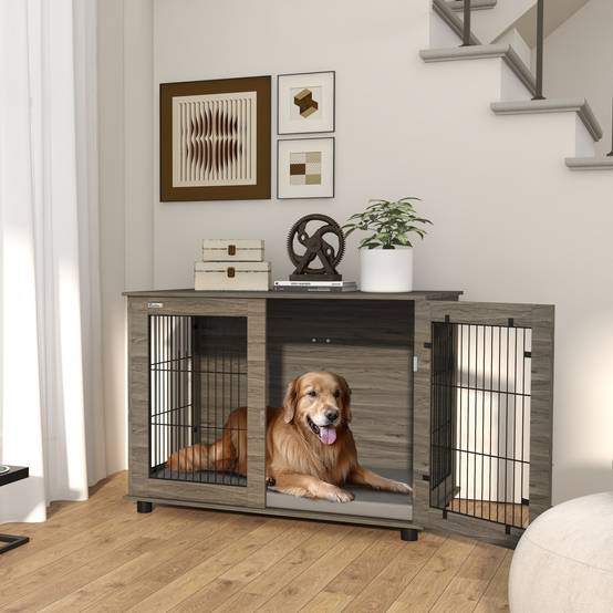 Cage intérieur acier bois grand chien table appoint coussin déhoussable 100x60x73cm gris - ComfortXL Outdoor Living - Image 3