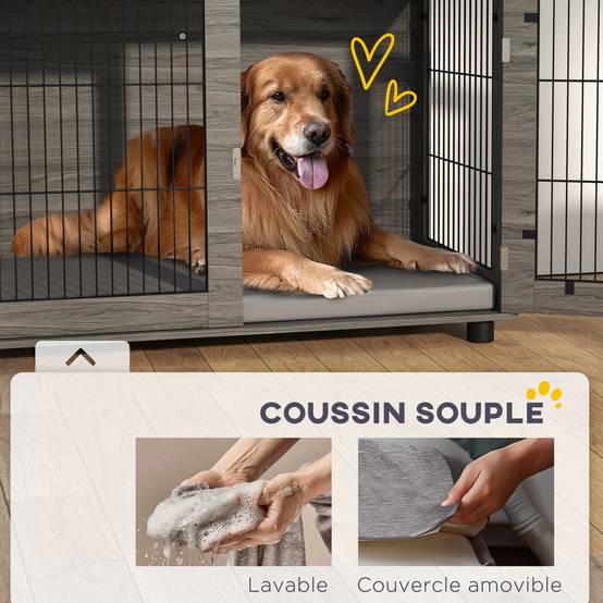 Cage intérieur acier bois grand chien table appoint coussin déhoussable 100x60x73cm gris - ComfortXL Outdoor Living - Image 9
