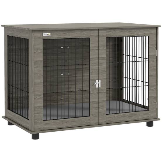 Cage intérieur acier bois grand chien table appoint coussin déhoussable 100x60x73cm gris - ComfortXL Outdoor Living - Image 1