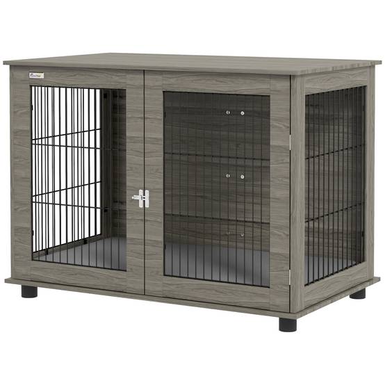 Cage intérieur acier bois grand chien table appoint coussin déhoussable 100x60x73cm gris - ComfortXL Outdoor Living - Image 2