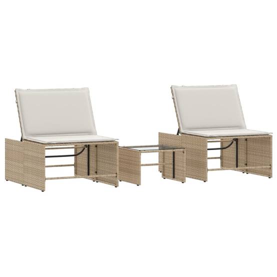 Chaises longue | Transat | Bain de soleils 2 pièces avec table en résine tressée beige - Image 1