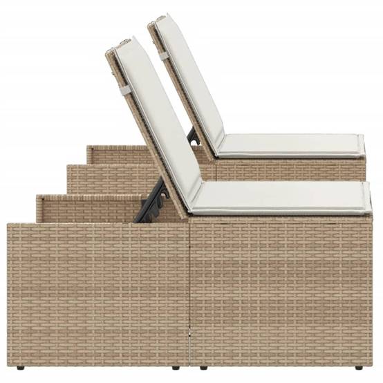 Chaises longue | Transat | Bain de soleils 2 pièces avec table en résine tressée beige - Image 7