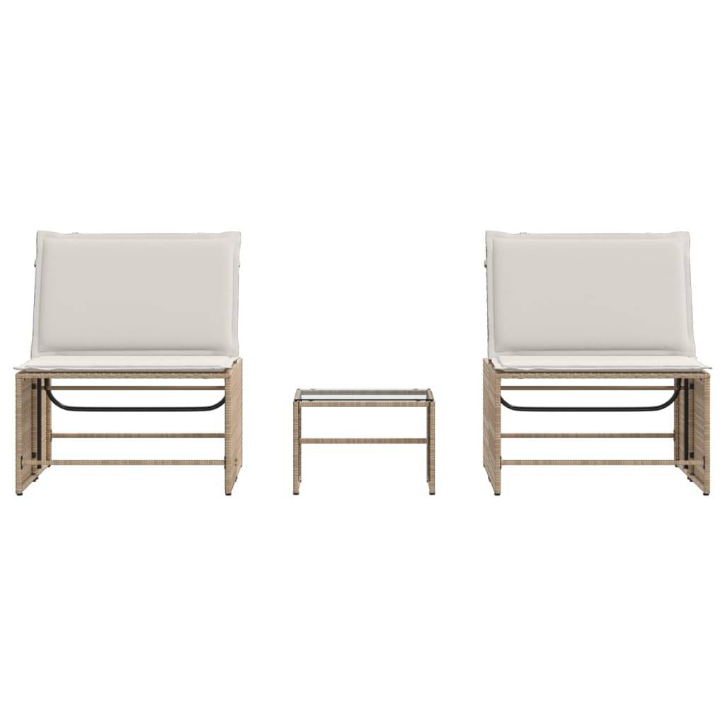Chaises longue | Transat | Bain de soleils 2 pièces avec table en résine tressée beige - Image 6