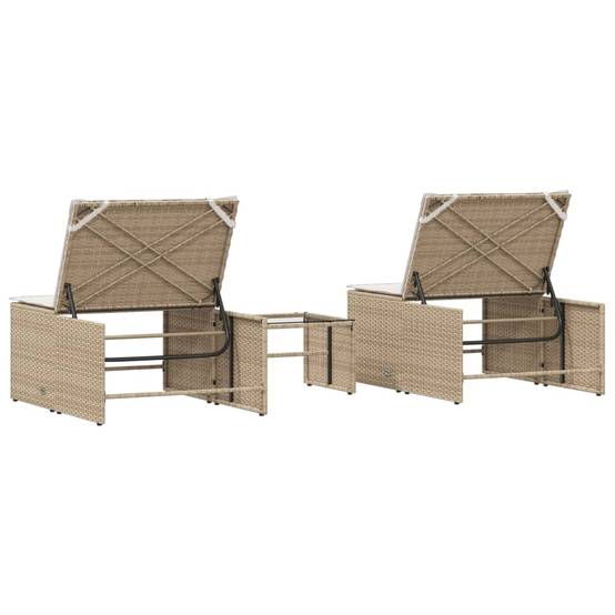 Chaises longue | Transat | Bain de soleils 2 pièces avec table en résine tressée beige - Image 8