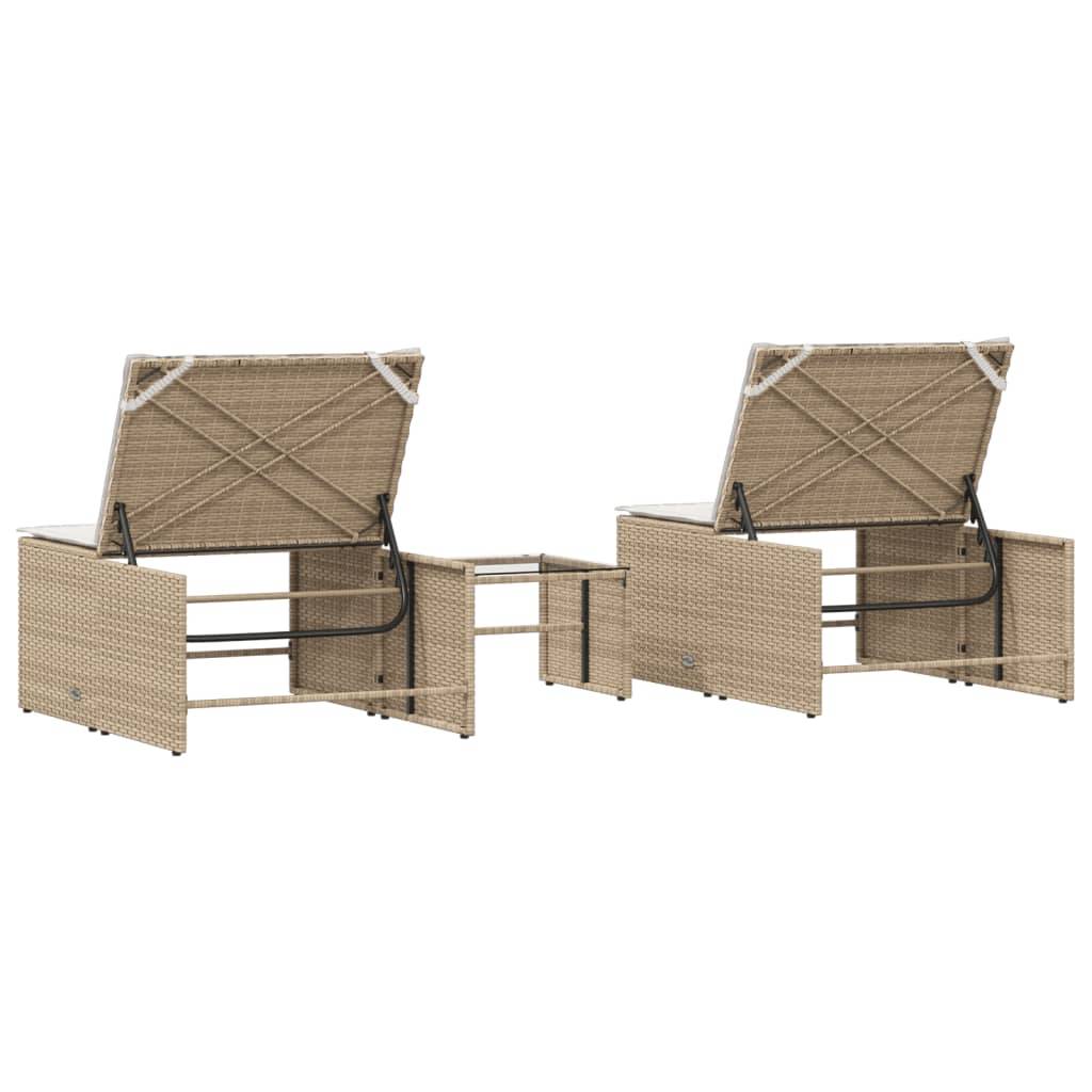 Chaises longue | Transat | Bain de soleils 2 pièces avec table en résine tressée beige - Image 8