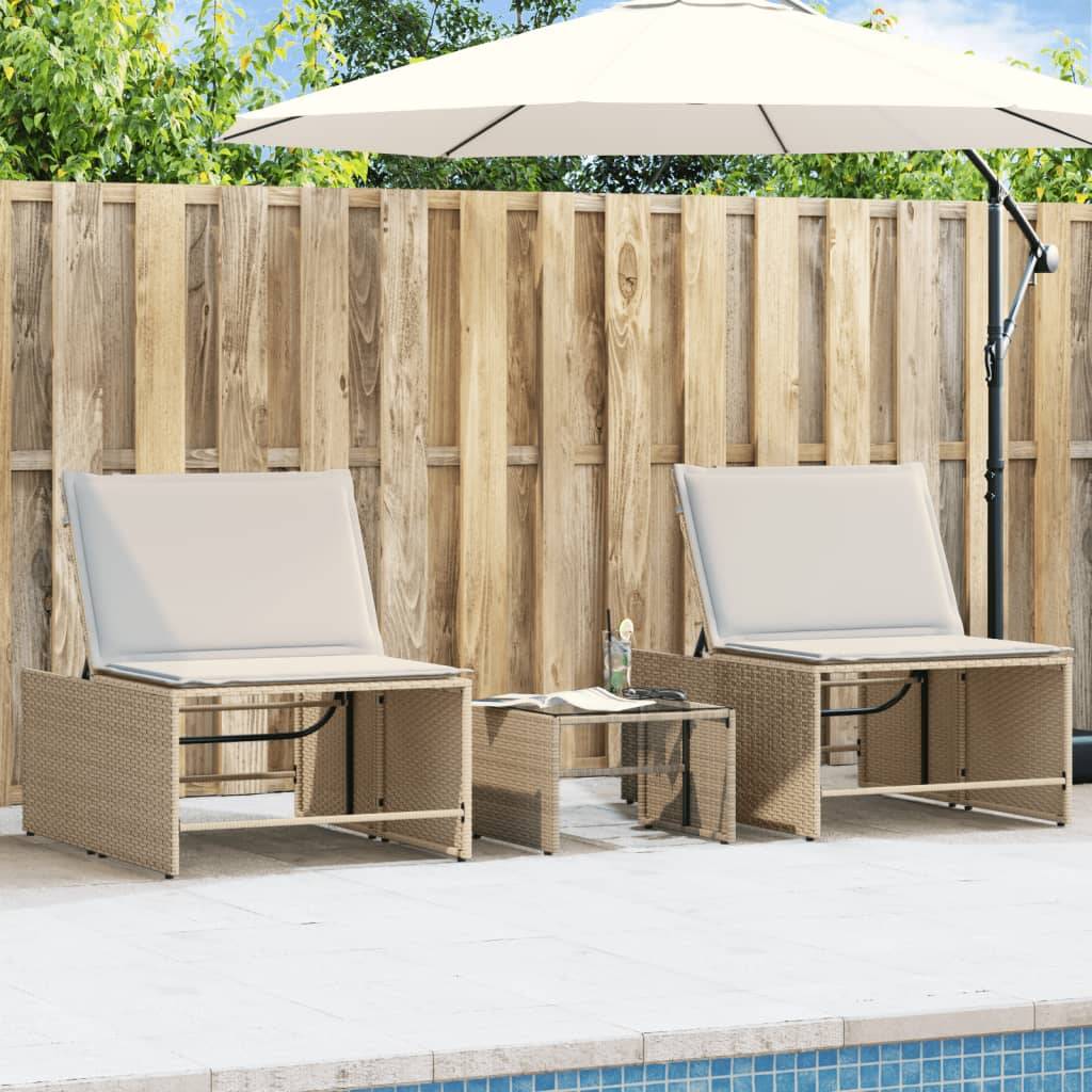 Chaises longue | Transat | Bain de soleils 2 pièces avec table en résine tressée beige - Image 2