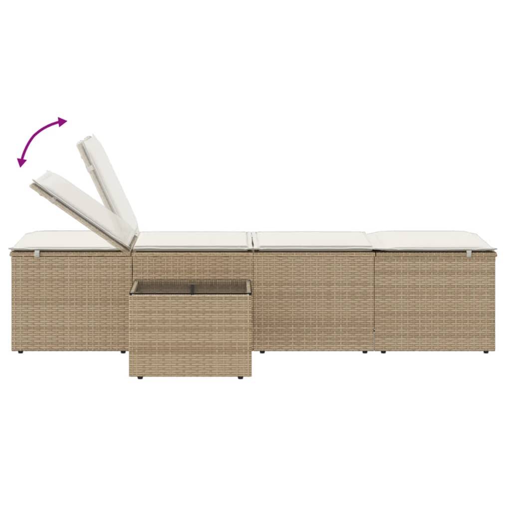 Chaises longue | Transat | Bain de soleils 2 pièces avec table en résine tressée beige - Image 9