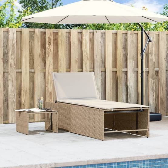Chaises longue | Transat | Bain de soleils 2 pièces avec table en résine tressée beige - Image 3