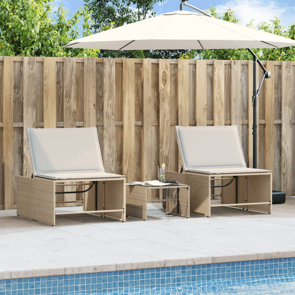 Chaises longue | Transat | Bain de soleils 2 pièces avec table en résine tressée beige - Image 4