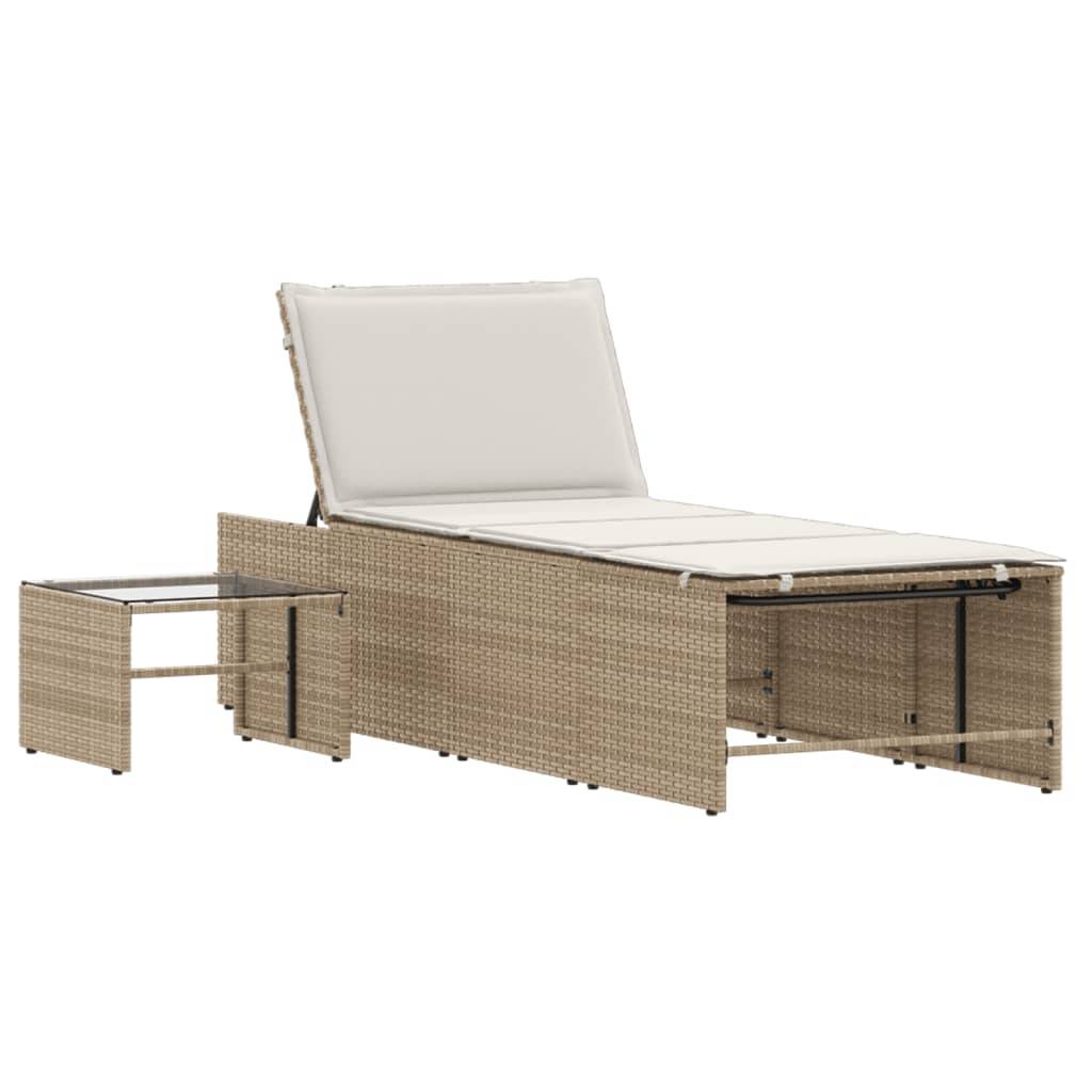 Chaises longue | Transat | Bain de soleils 2 pièces avec table en résine tressée beige - Image 5