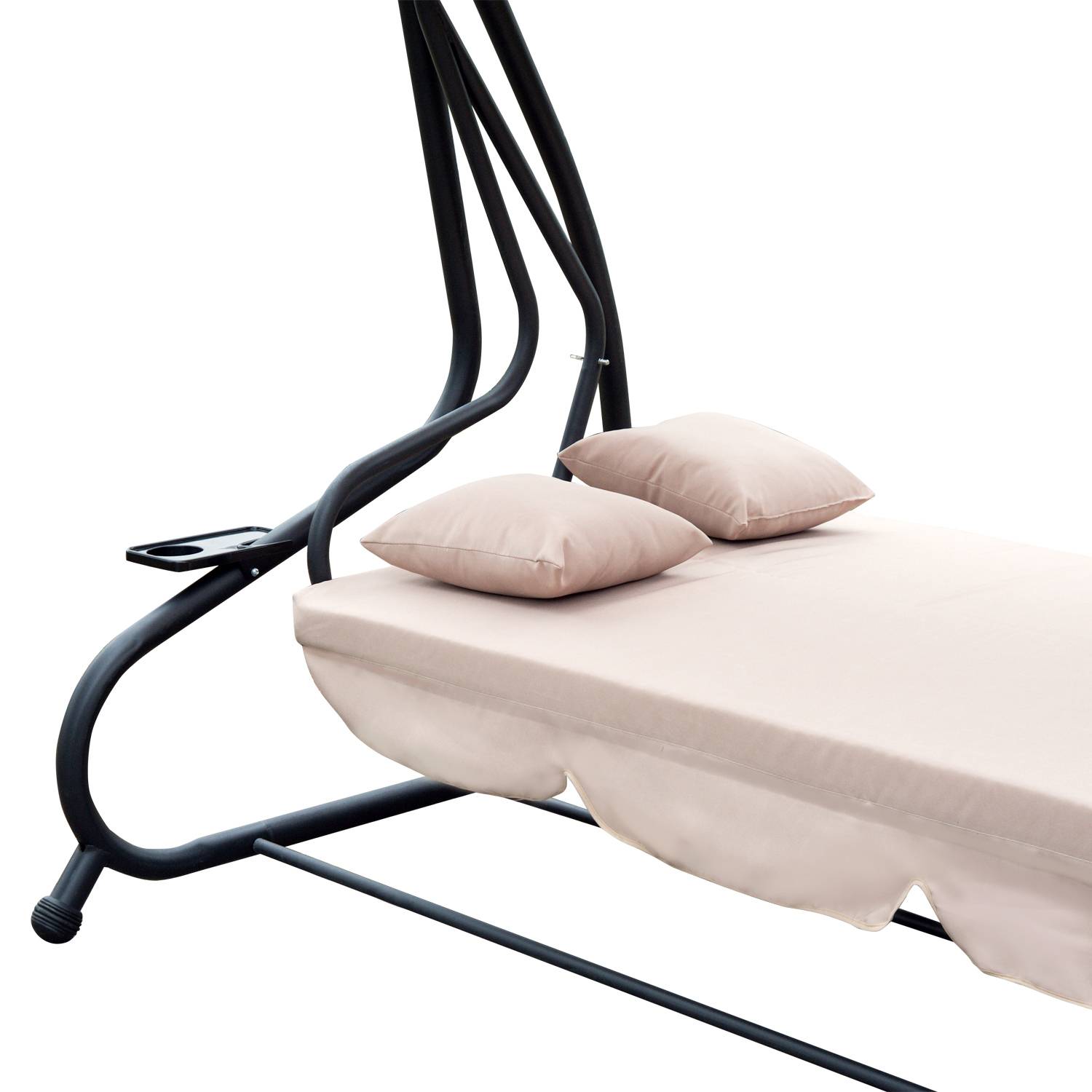 Outsunny - Balancelle de jardin convertible 3 places inclinaison toit réglable 2 tablettes + matelas 2L x 1,2l x 1,64H m métal époxy noir polyester beige - Image 8