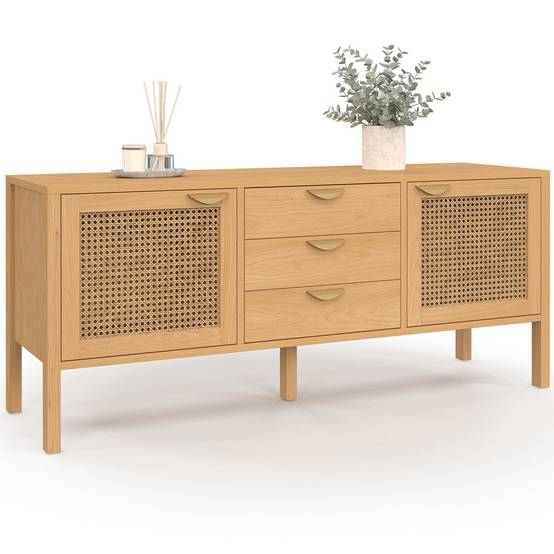 Buffet bas 140 cm EDHEN 2 portes et 3 tiroirs bois et cannage - Image 2