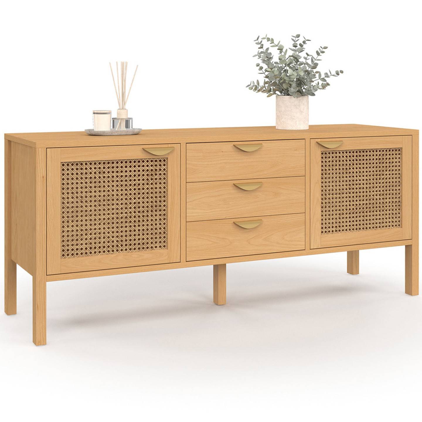 Buffet bas 140 cm EDHEN 2 portes et 3 tiroirs bois et cannage - Image 2