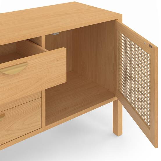 Buffet bas 140 cm EDHEN 2 portes et 3 tiroirs bois et cannage - Image 6