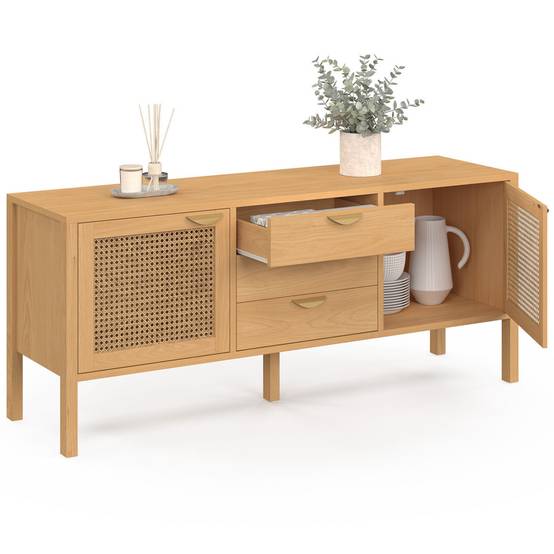 Buffet bas 140 cm EDHEN 2 portes et 3 tiroirs bois et cannage - Image 4