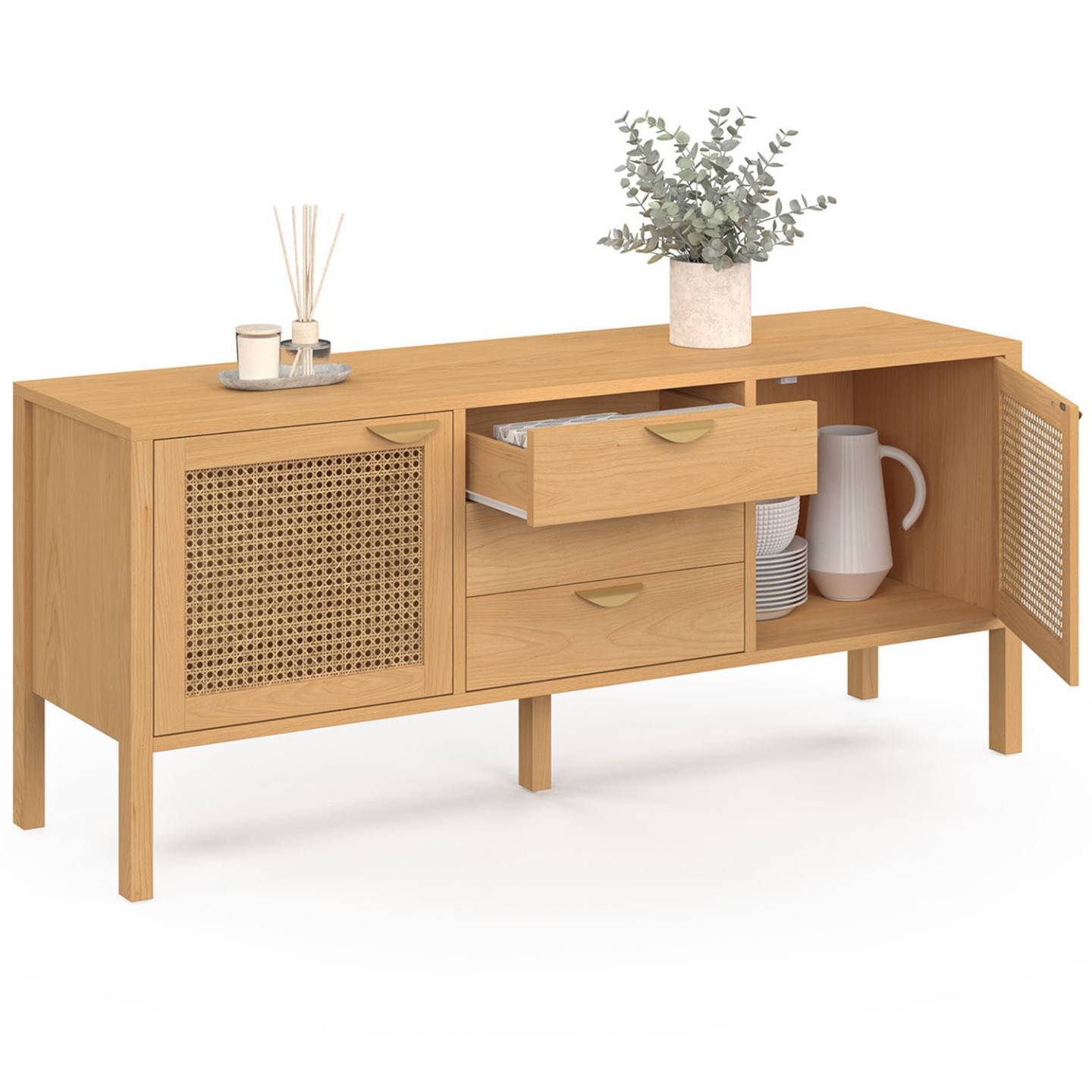 Buffet bas 140 cm EDHEN 2 portes et 3 tiroirs bois et cannage - Image 4