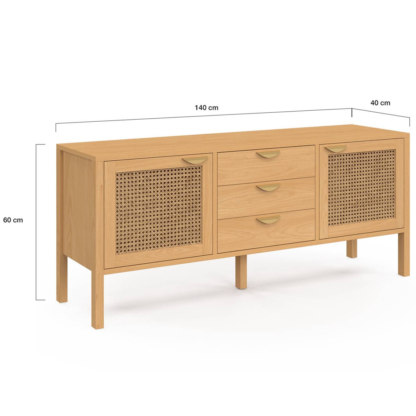 Buffet bas 140 cm EDHEN 2 portes et 3 tiroirs bois et cannage - Image 5