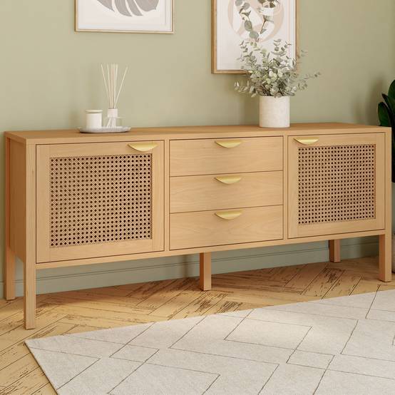 Buffet bas 140 cm EDHEN 2 portes et 3 tiroirs bois et cannage - Image 1