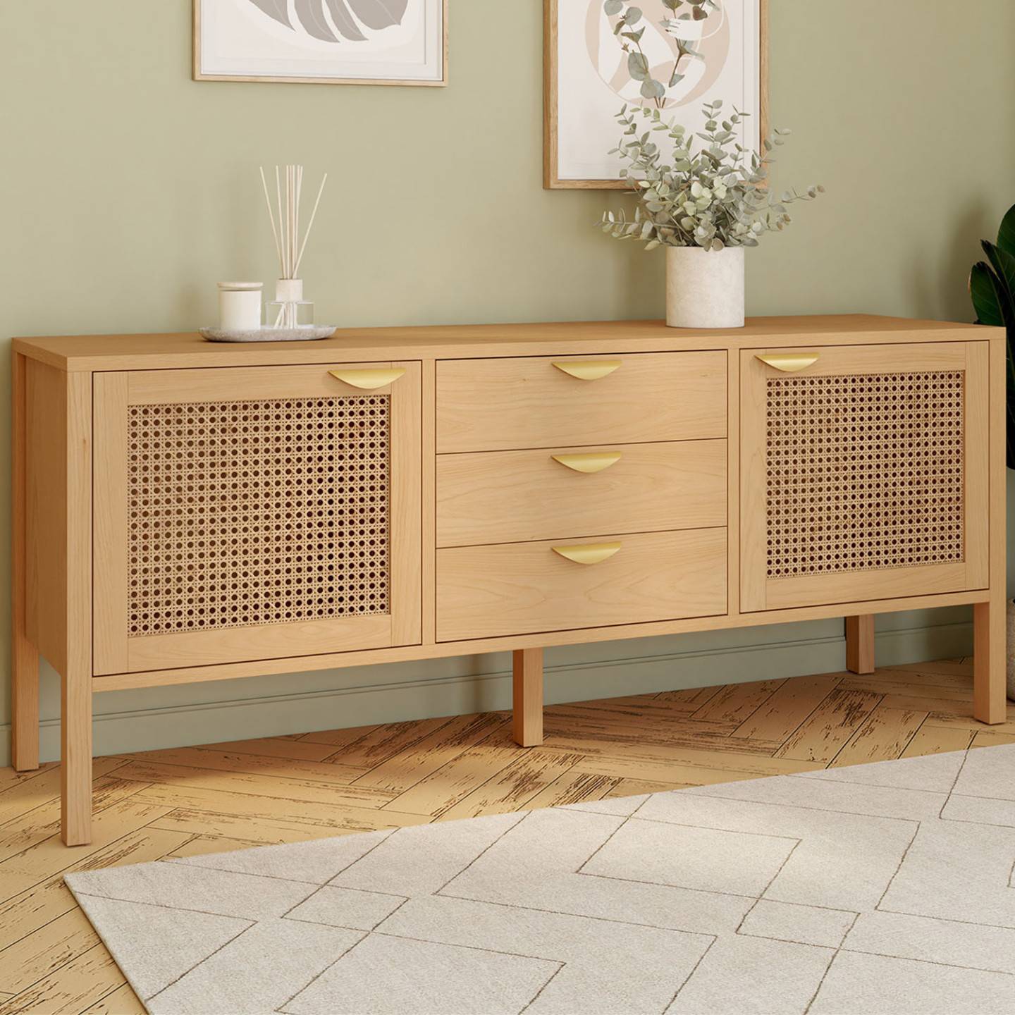Buffet bas 140 cm EDHEN 2 portes et 3 tiroirs bois et cannage - Image 1