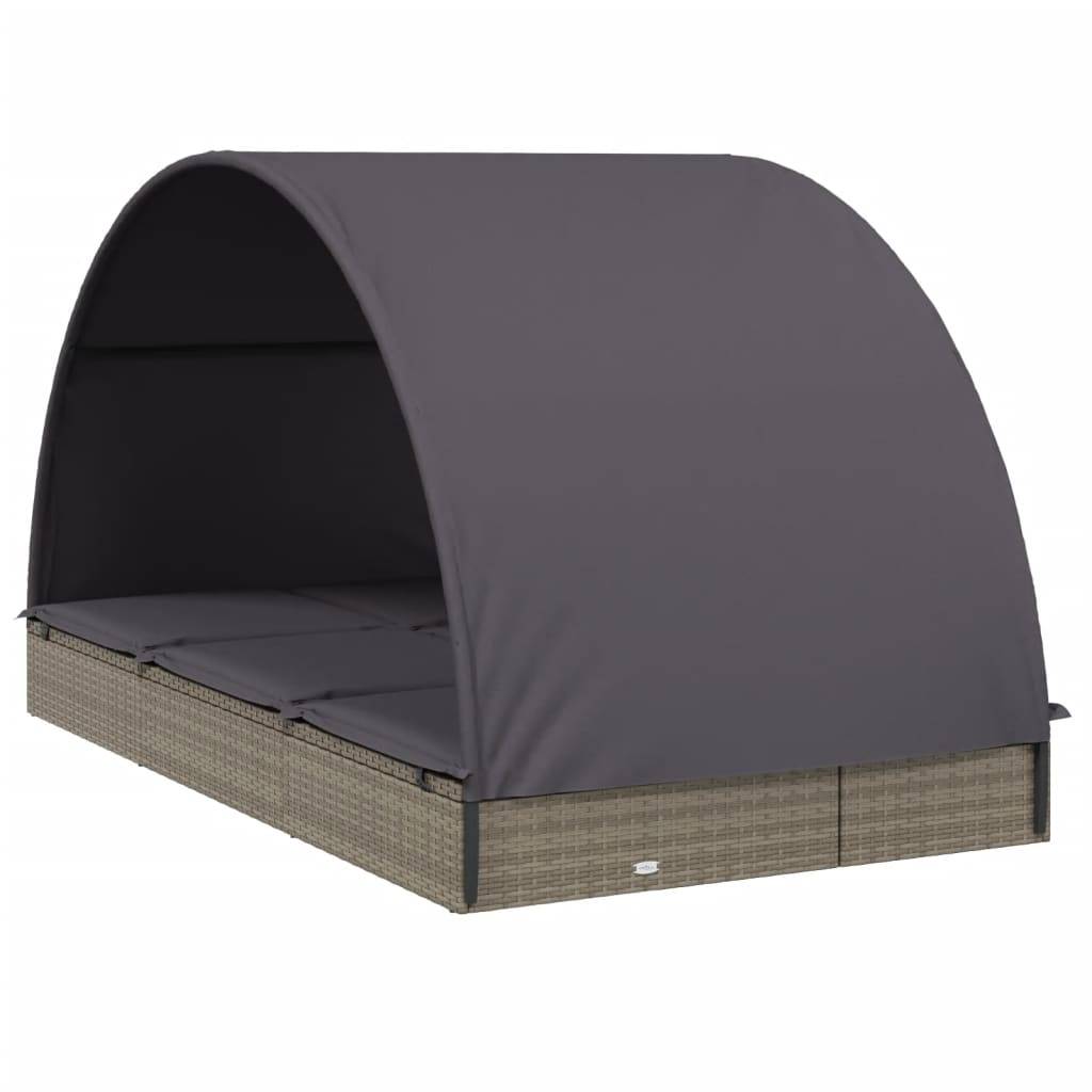 Helloshop26 - Transat bain de soleil chaise longue 2 places avec toit rond 211 x 112 x 140 cm gris - Image 2