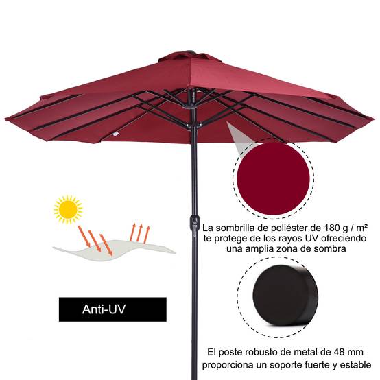 Parasol double de jardin 455 x 265 x 238 cm, grand parasol à manivelle, protection solaire, couleur rouge bordeaux - Image 6