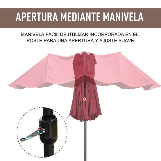 Parasol double de jardin 455 x 265 x 238 cm, grand parasol à manivelle, protection solaire, couleur rouge bordeaux - Image 7