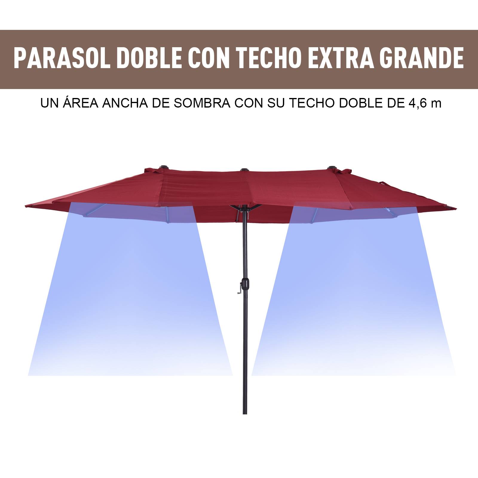 Parasol double de jardin 455 x 265 x 238 cm, grand parasol à manivelle, protection solaire, couleur rouge bordeaux - Image 9