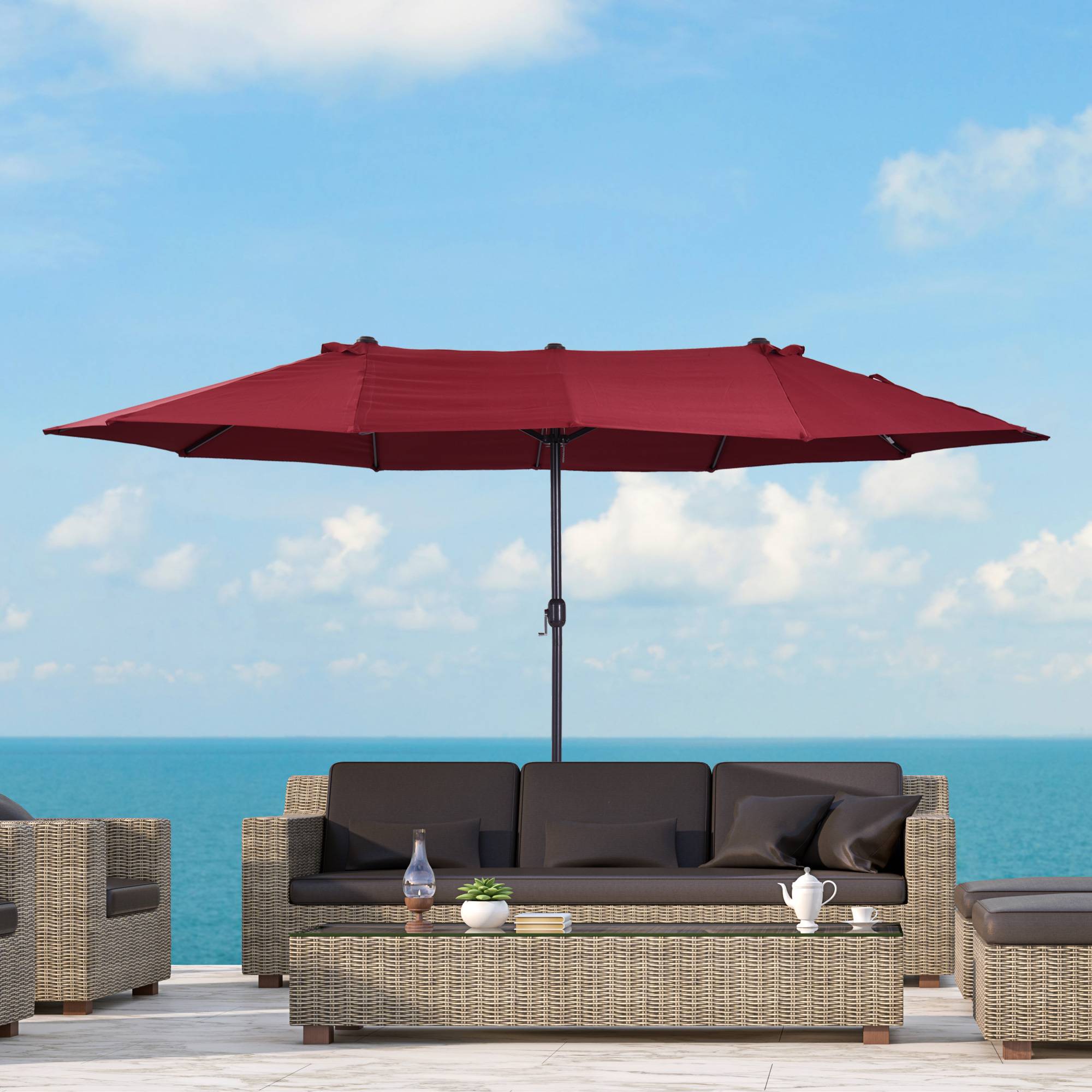 Parasol double de jardin 455 x 265 x 238 cm, grand parasol à manivelle, protection solaire, couleur rouge bordeaux - Image 4