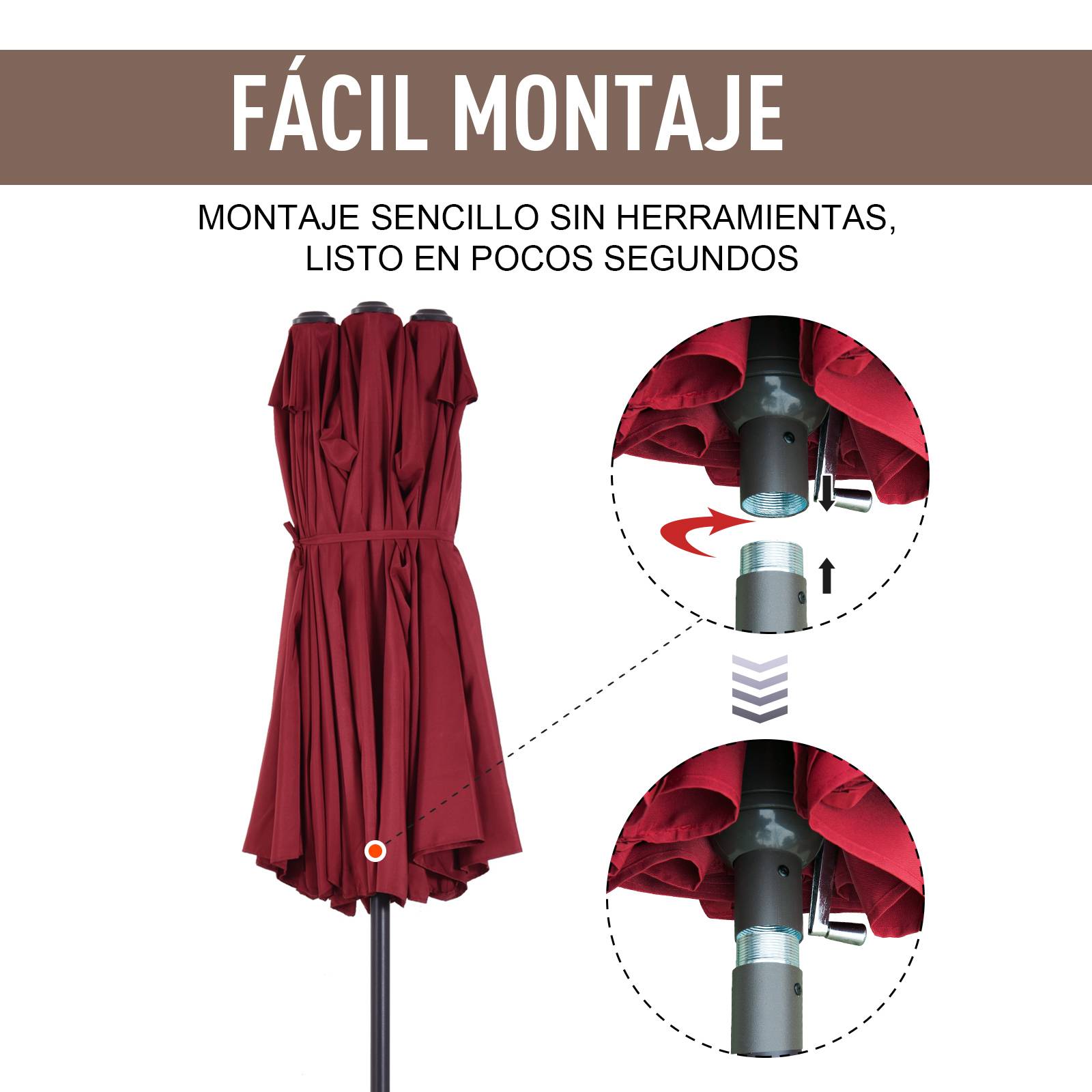 Parasol double de jardin 455 x 265 x 238 cm, grand parasol à manivelle, protection solaire, couleur rouge bordeaux - Image 8