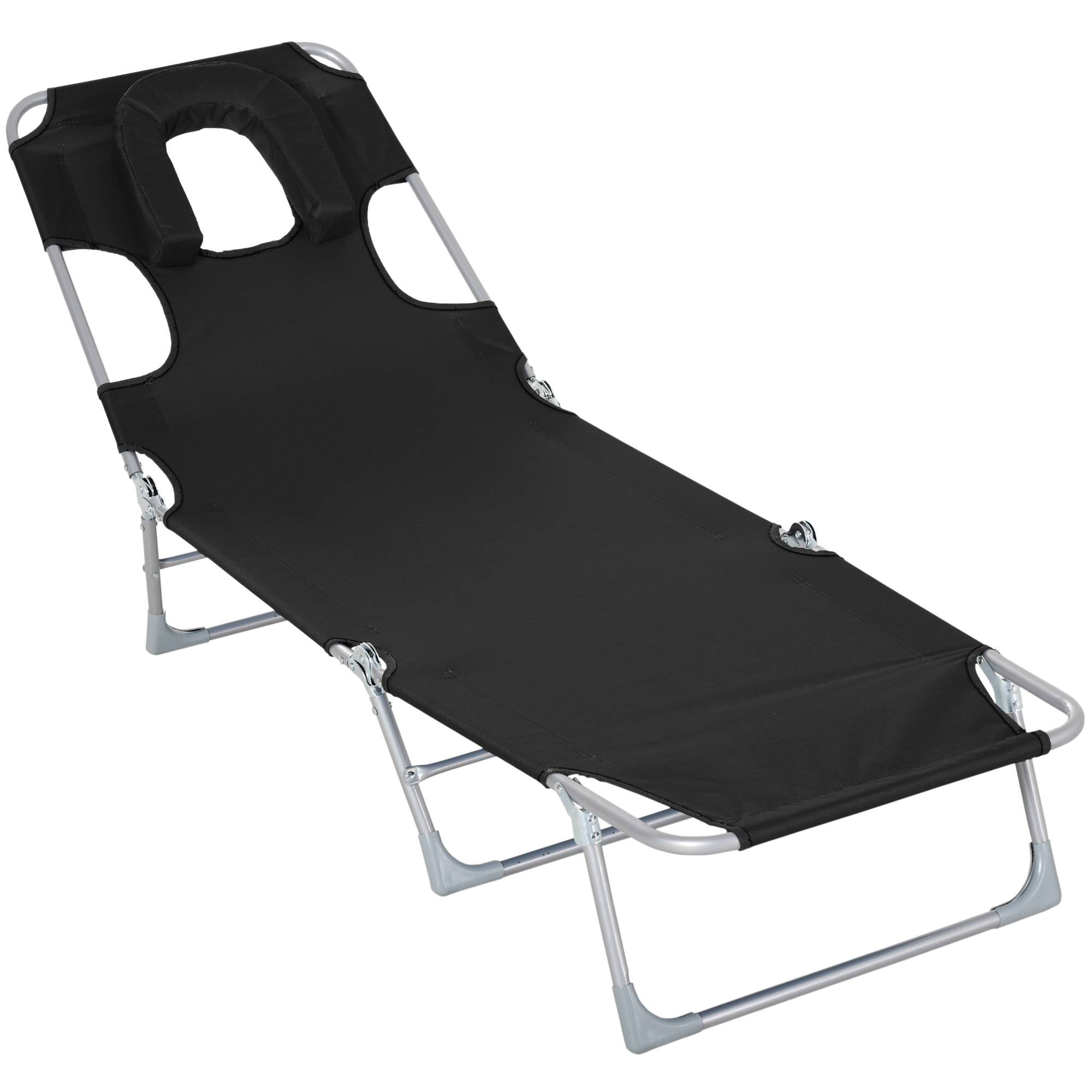 Transat jardin pliable inclinable, trou de lecture, appui-tête,5 niveaux,plage,182x56x28cm, noir - Image 1