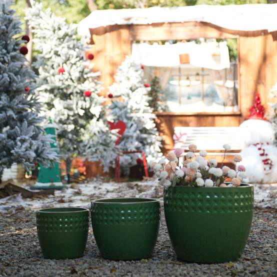 Lot 3 Pots Fleurs Céramique Émaillée Intérieur Extérieur Drainage Vert Antique - ComfortXL Outdoor Living - Image 9
