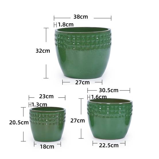 Lot 3 Pots Fleurs Céramique Émaillée Intérieur Extérieur Drainage Vert Antique - ComfortXL Outdoor Living - Image 3