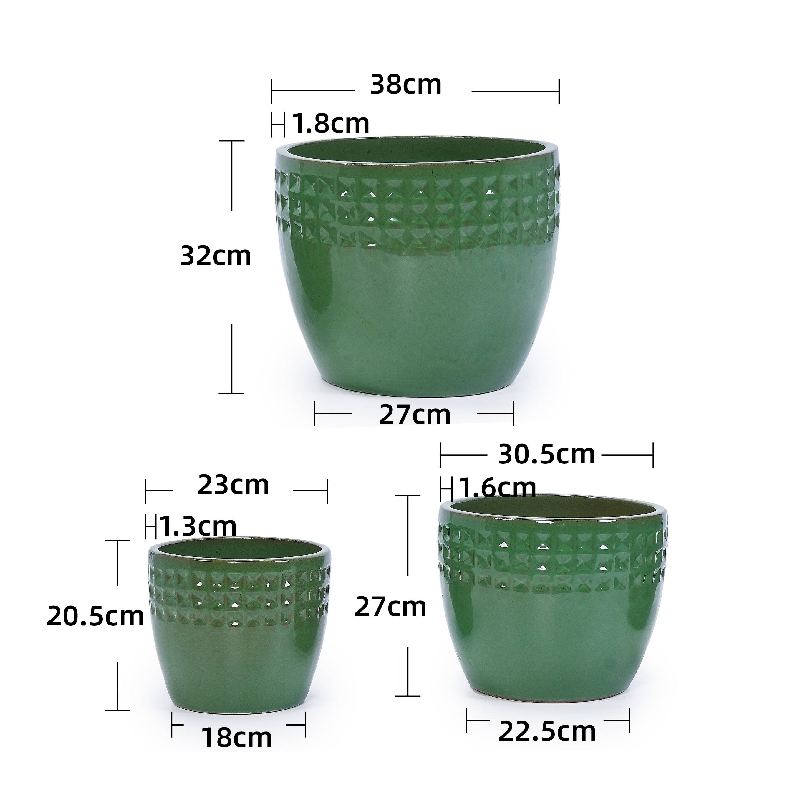 Lot 3 Pots Fleurs Céramique Émaillée Intérieur Extérieur Drainage Vert Antique - ComfortXL Outdoor Living - Image 3