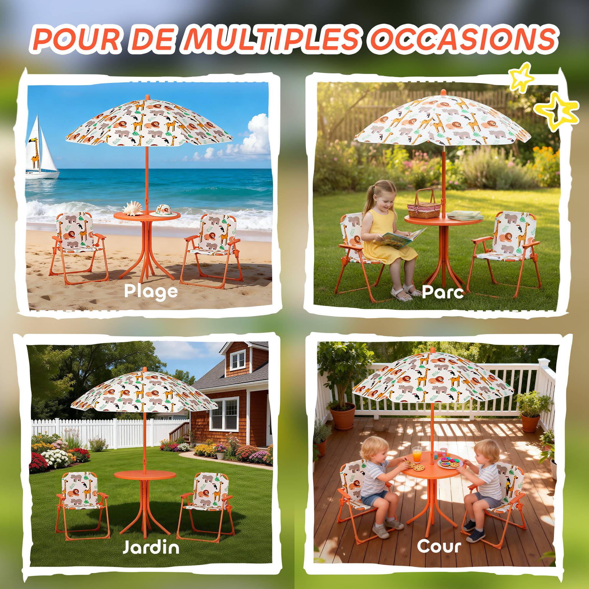 Salon de jardin enfant, table enfant avec 2 chaises pliantes et parasol Ø 100 cm, motif animal, orange - Image 9
