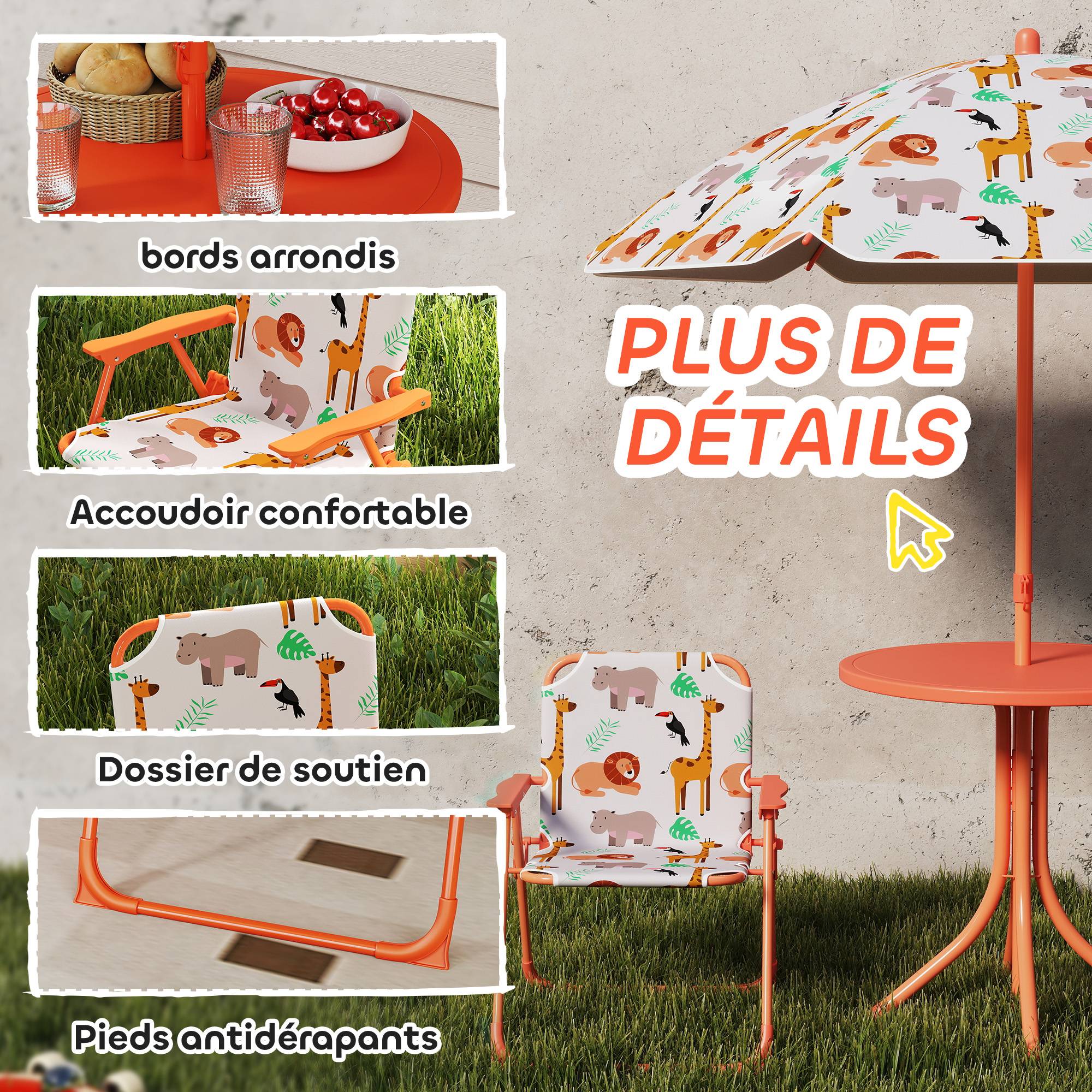 Salon de jardin enfant, table enfant avec 2 chaises pliantes et parasol Ø 100 cm, motif animal, orange - Image 8