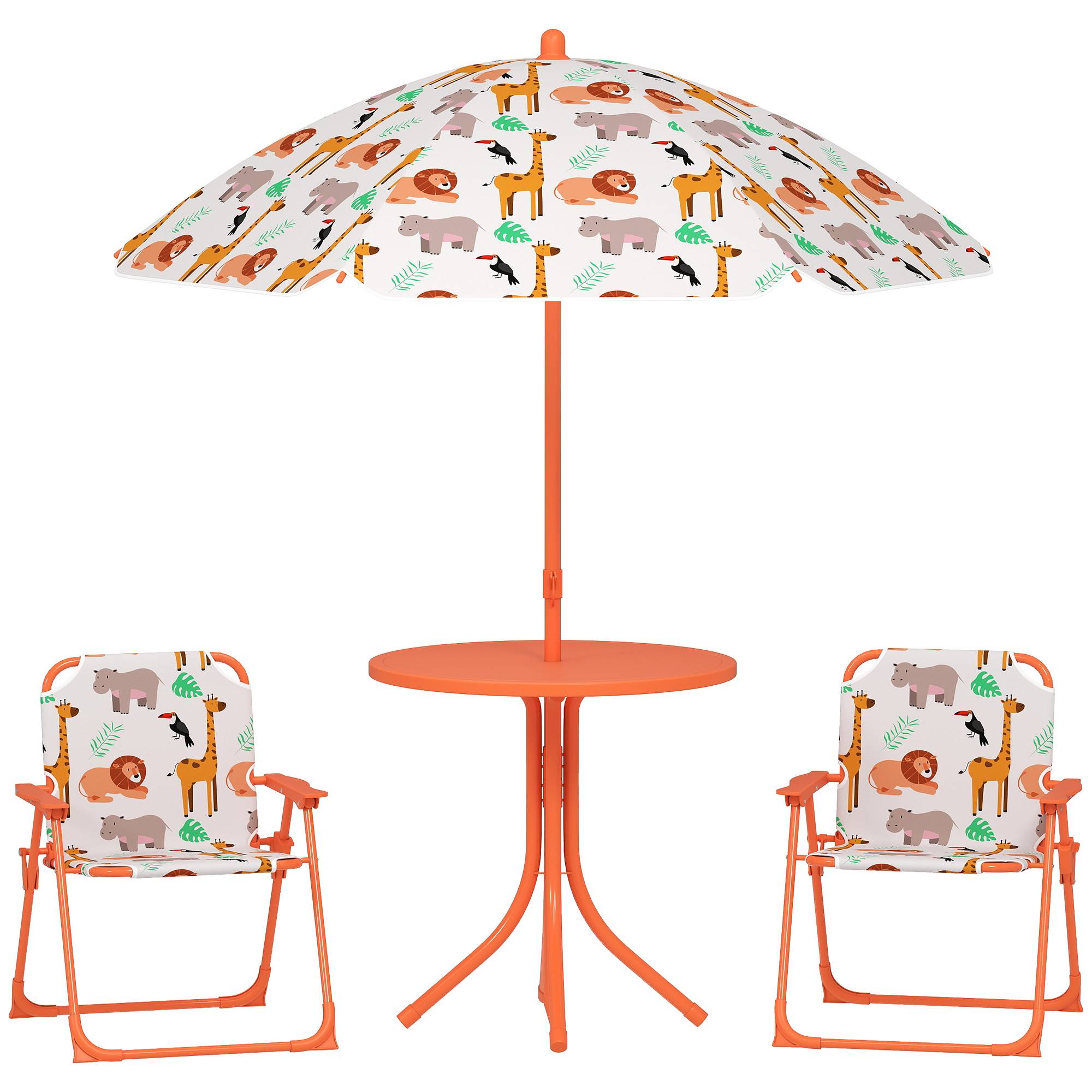 Salon de jardin enfant, table enfant avec 2 chaises pliantes et parasol Ø 100 cm, motif animal, orange - Image 1