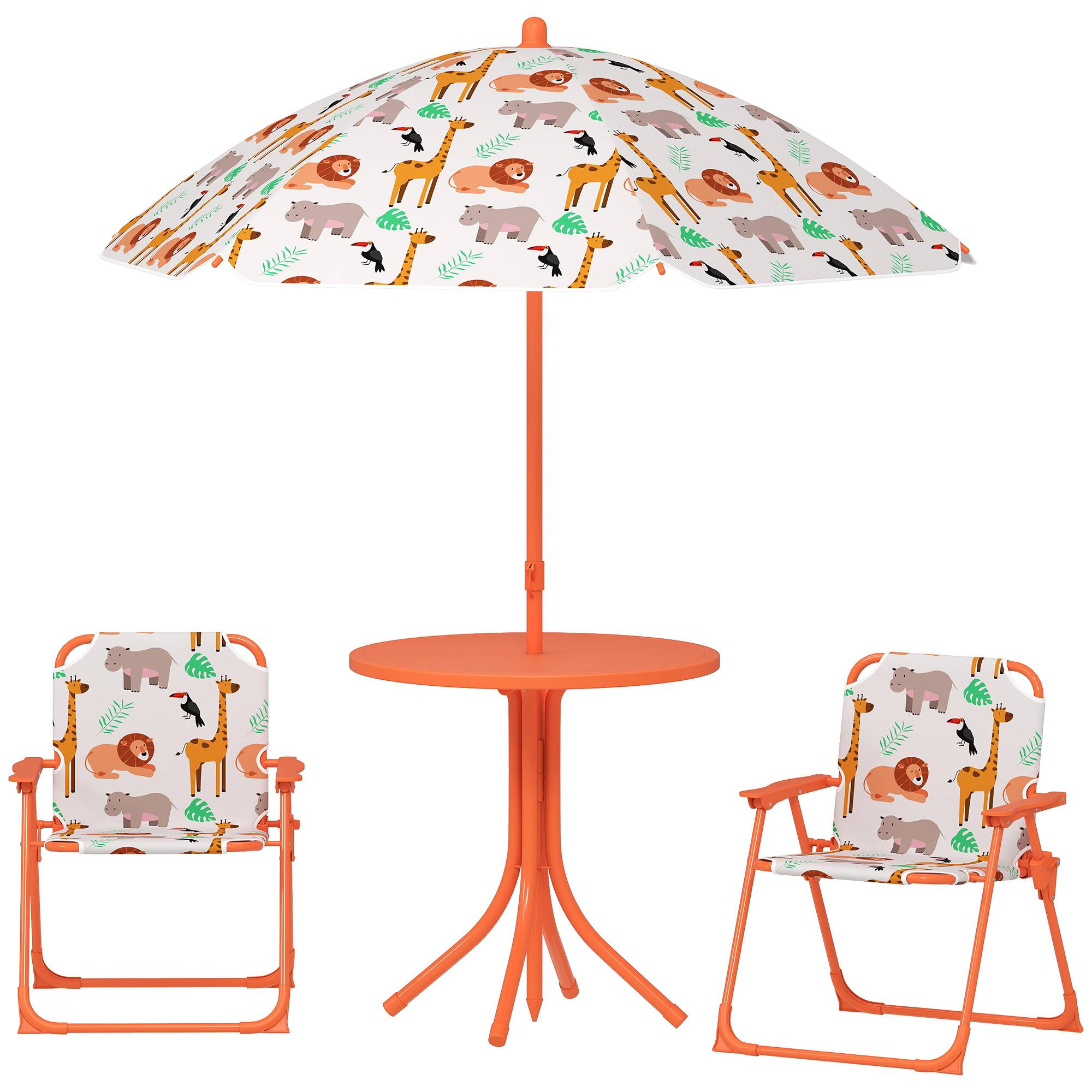 Salon de jardin enfant, table enfant avec 2 chaises pliantes et parasol Ø 100 cm, motif animal, orange - Image 2