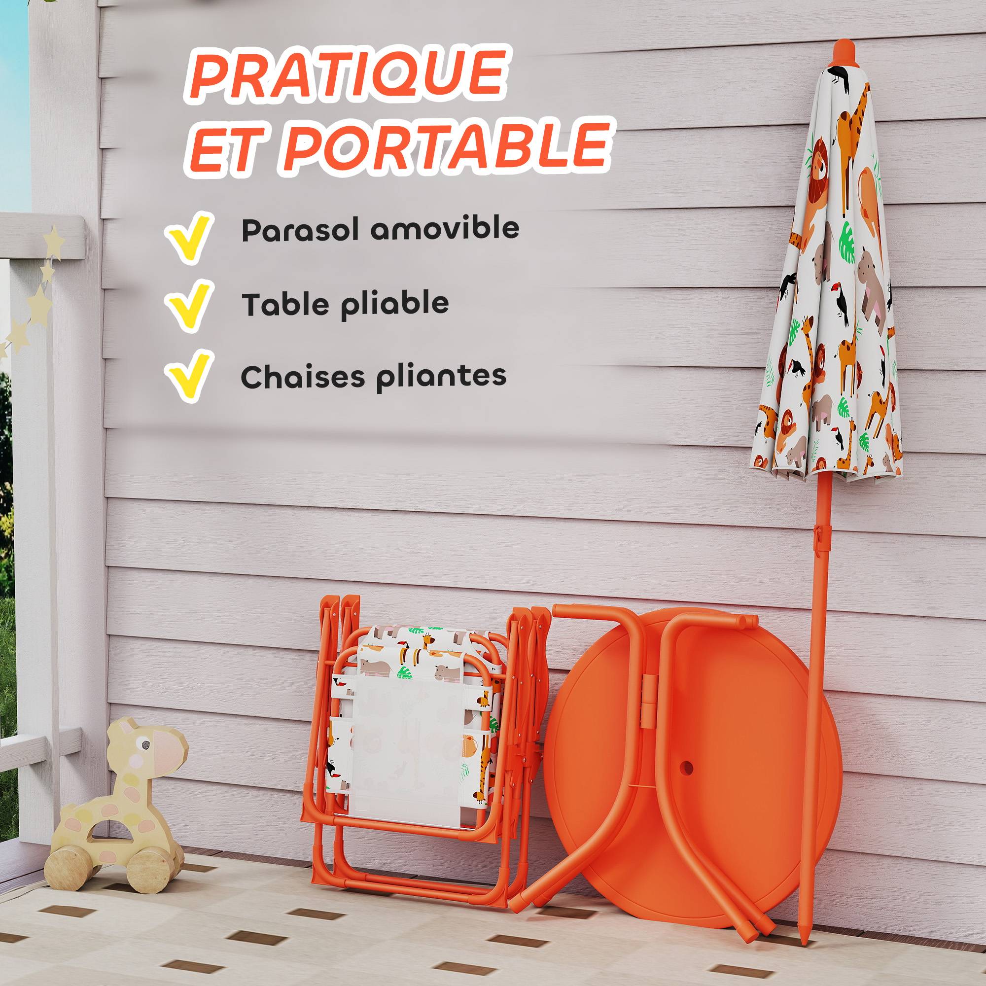 Salon de jardin enfant, table enfant avec 2 chaises pliantes et parasol Ø 100 cm, motif animal, orange - Image 7